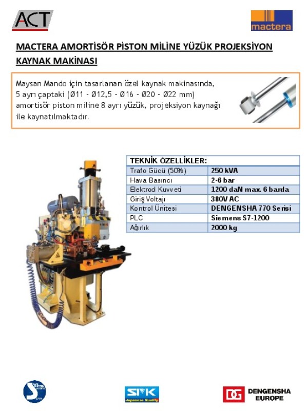 Mactera Amortisör Piston Miline Yüzük Projeksiyon Kaynak Makinası